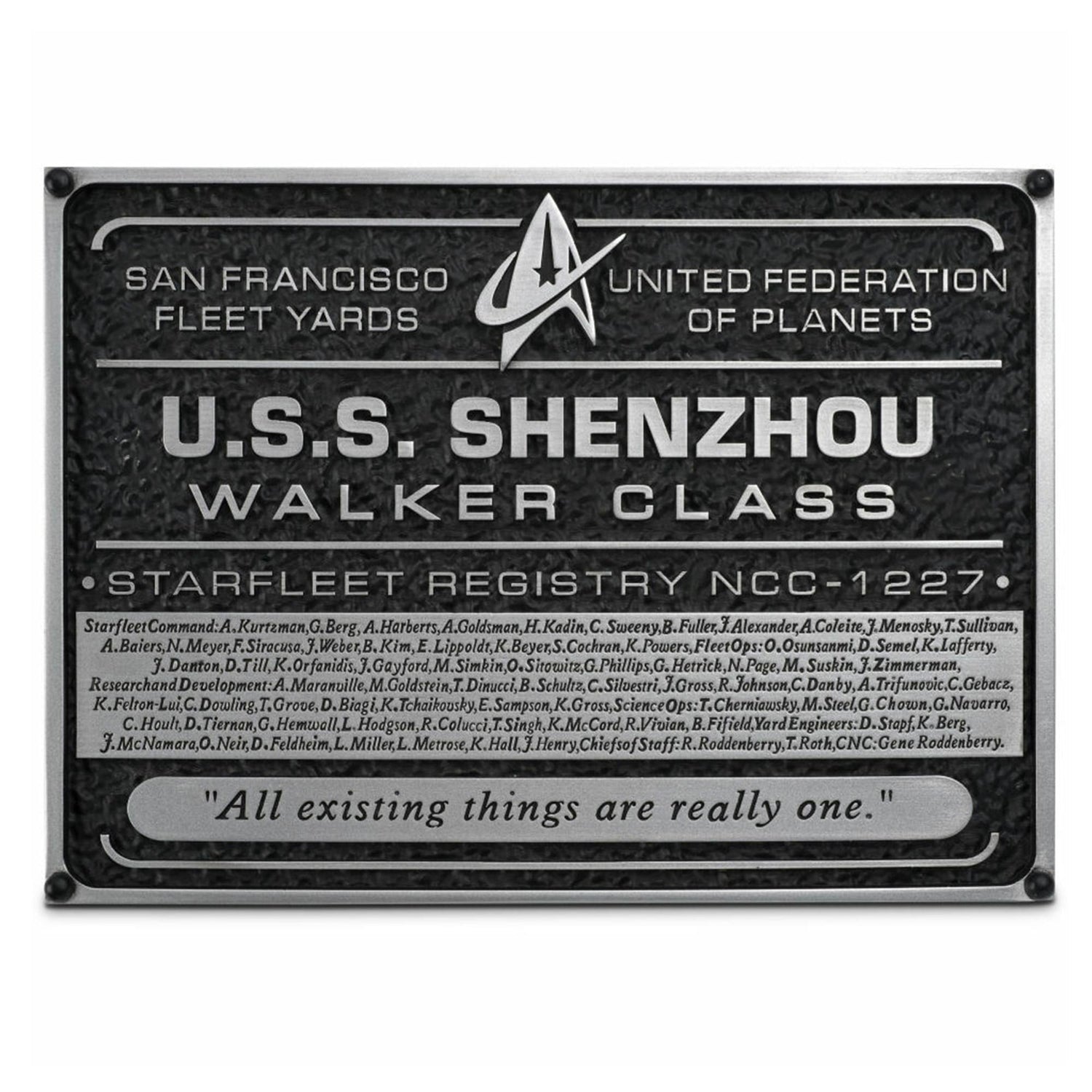Eaglemoss Star Trek Discovery U.S.S. Shenzhou dedication plaque replica mounted against a neutral background