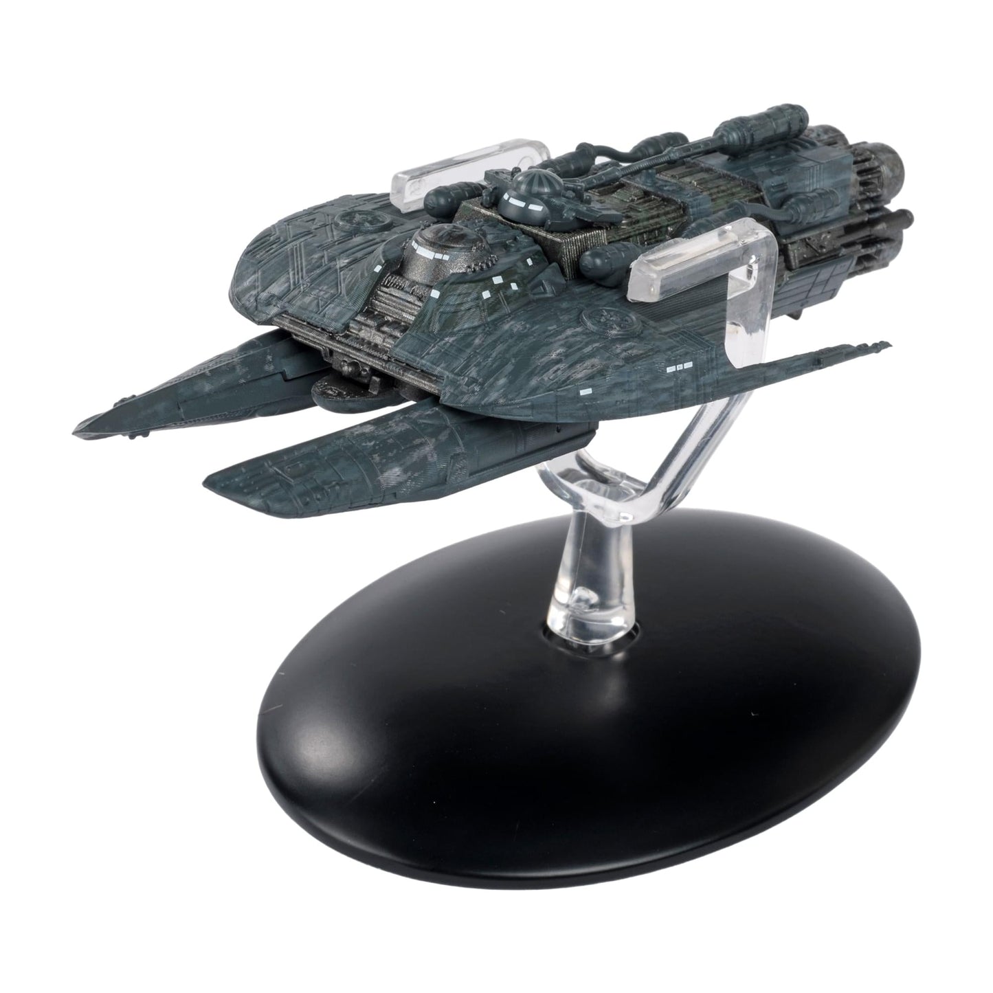 Three-quarter angle view of the Star Trek Sheliak Colony Ship die-cast model on a display base