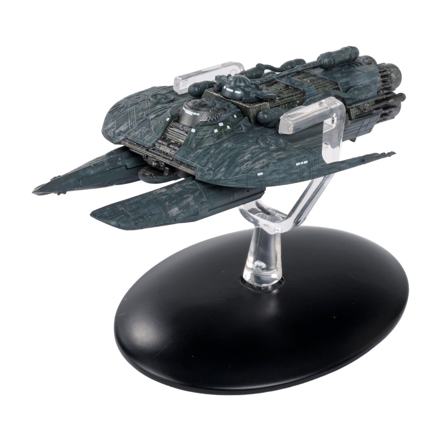 Three-quarter angle view of the Star Trek Sheliak Colony Ship die-cast model on a display base