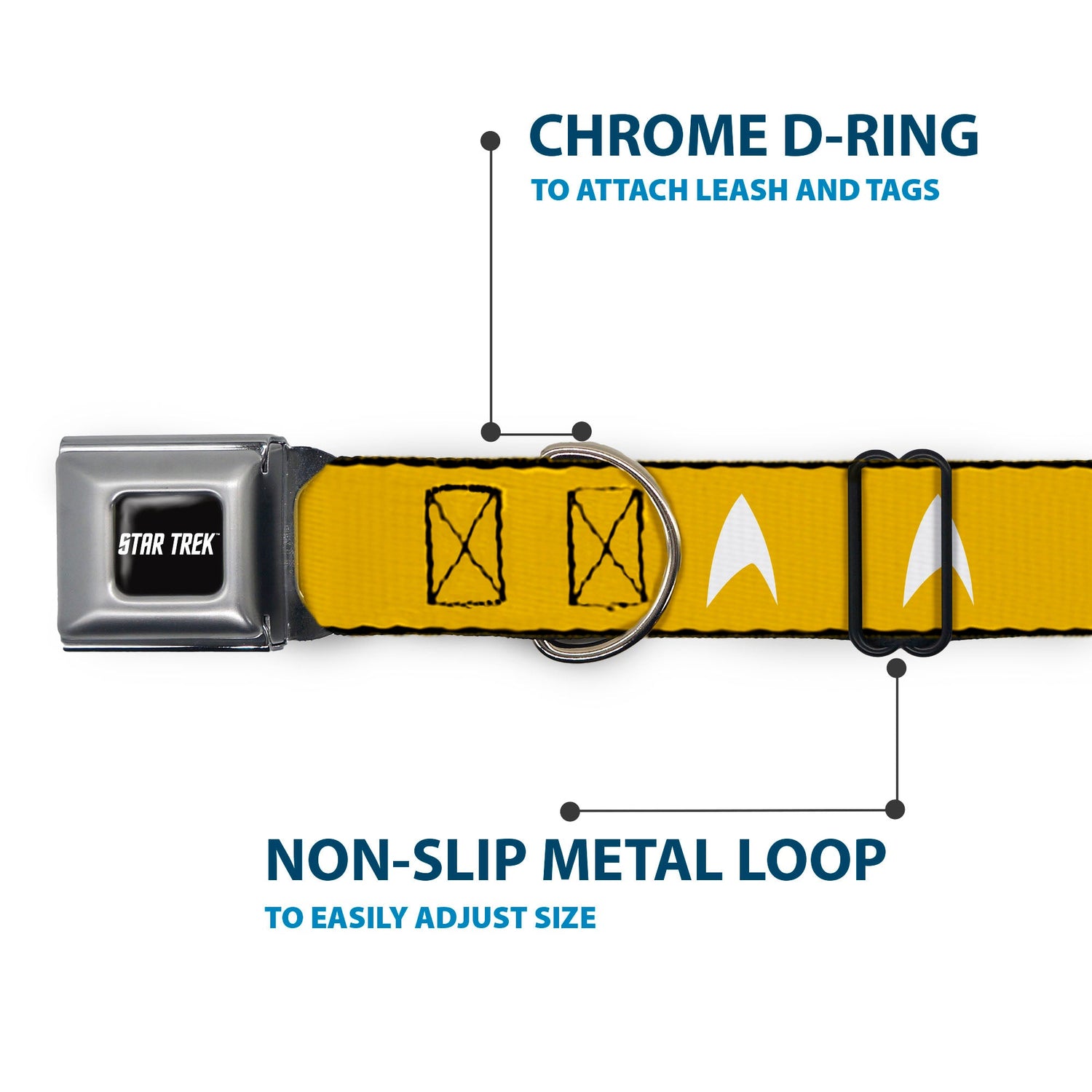 Profile view of the Buckle-Down Star Trek seatbelt pet collar