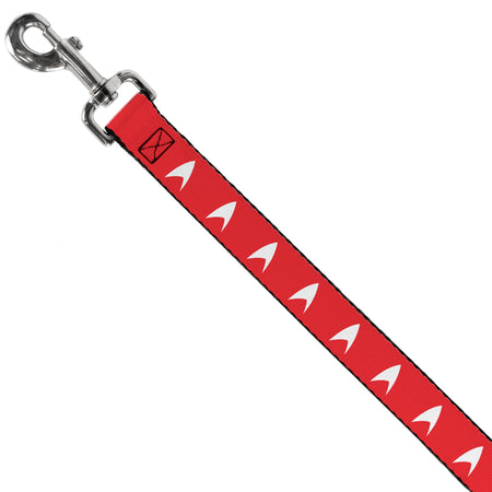Close-up of white Starfleet insignia pattern on red polyester webbing