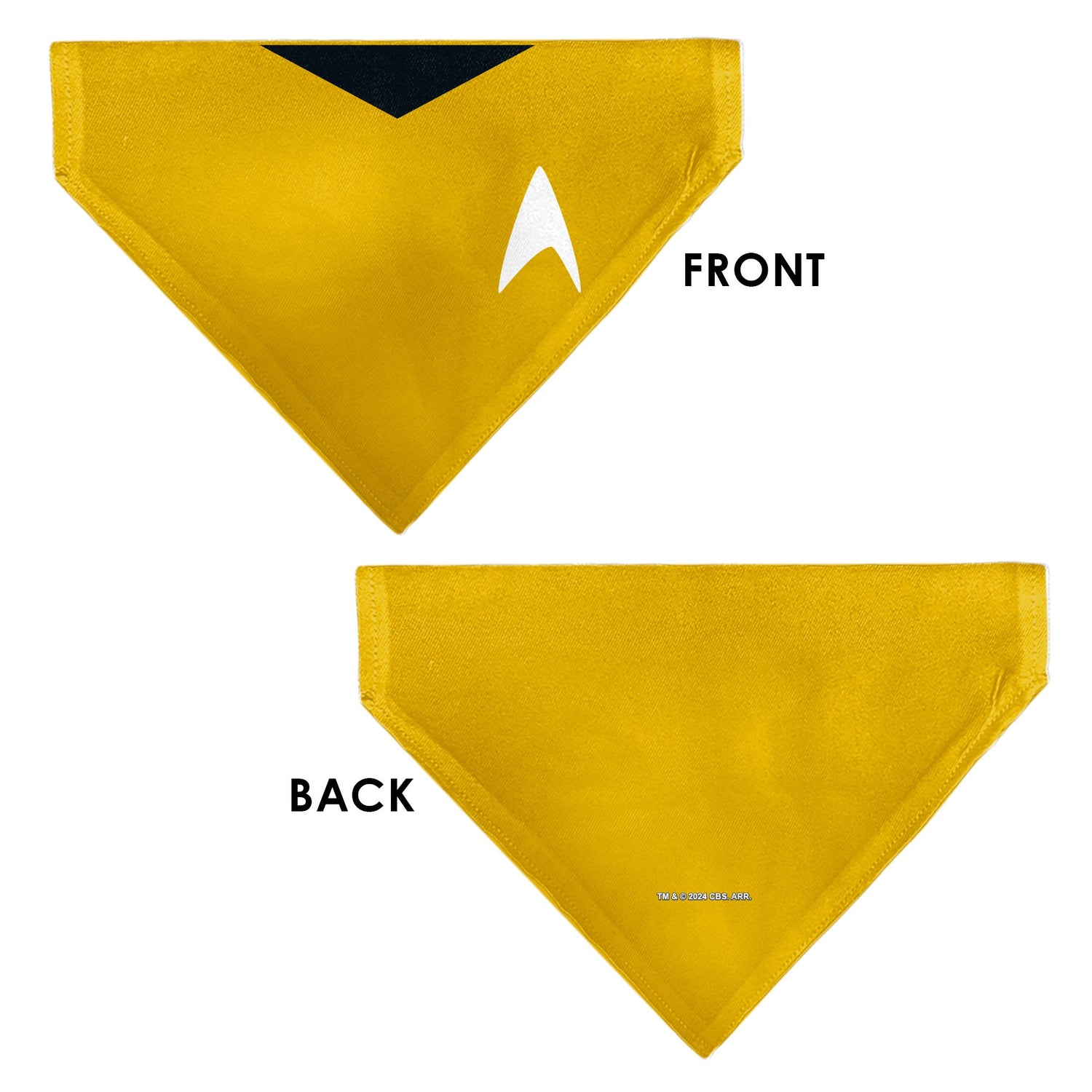 Close up of the Starfleet delta insignia on gold pet fabric