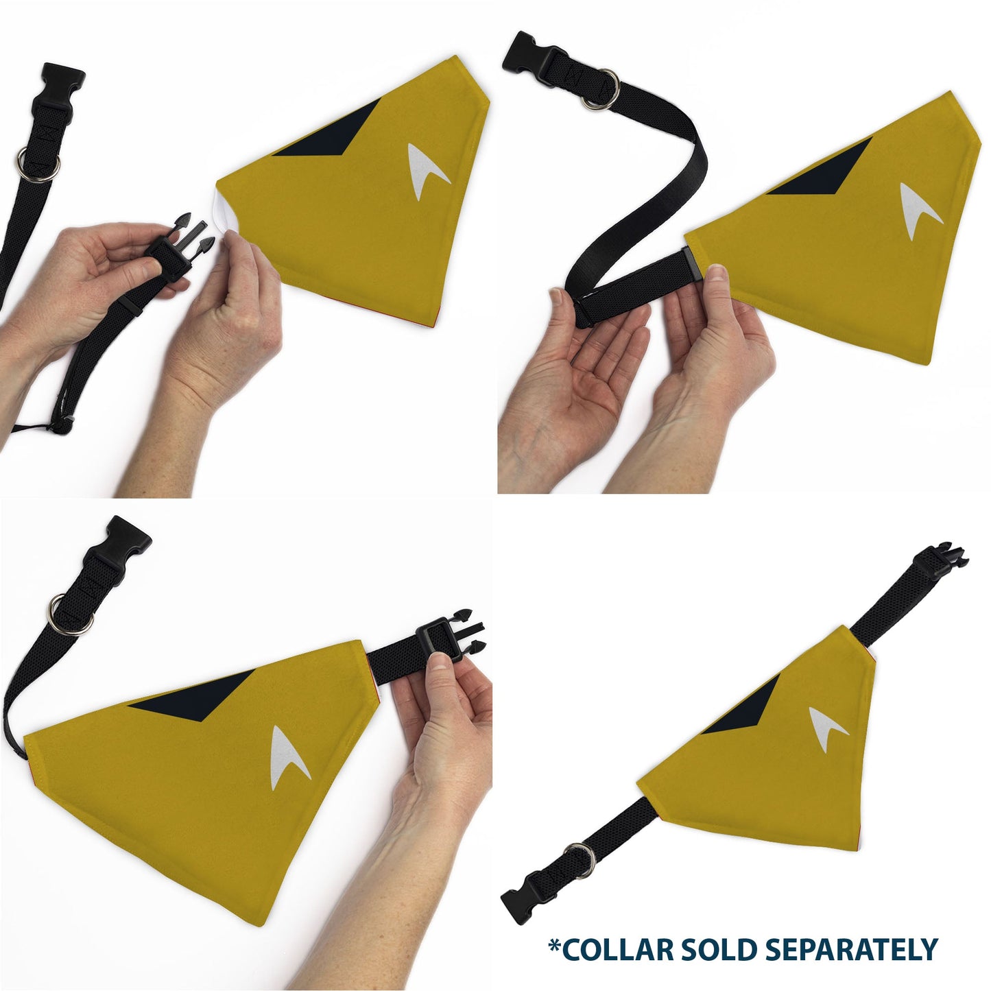 Side profile of a pet wearing the Star Trek uniform bandana