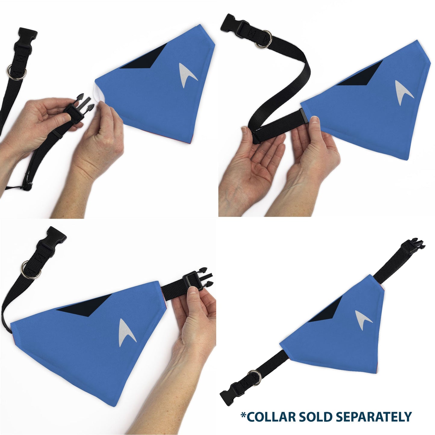 Side profile of a dog modeling the Star Trek blue uniform bandana.
