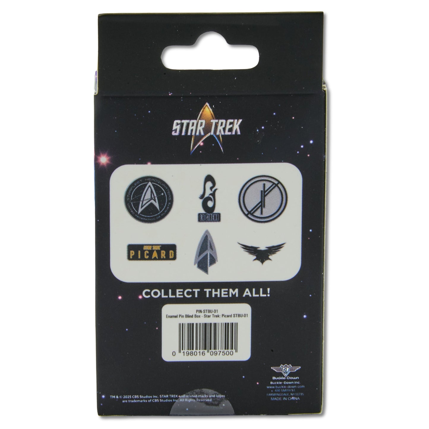 Group shot of all six Star Trek: Picard mystery pin designs on a white background.