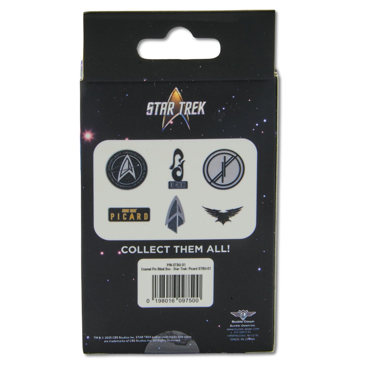 Group shot of all six Star Trek: Picard mystery pin designs on a white background.