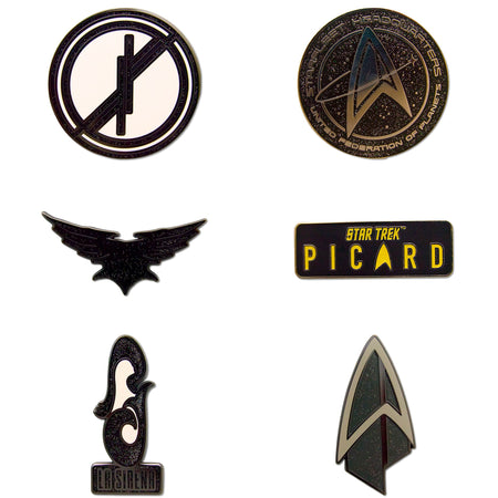 Star Trek: Picard Mystery Enamel Pin Blind Box packaging showing possible designs.
