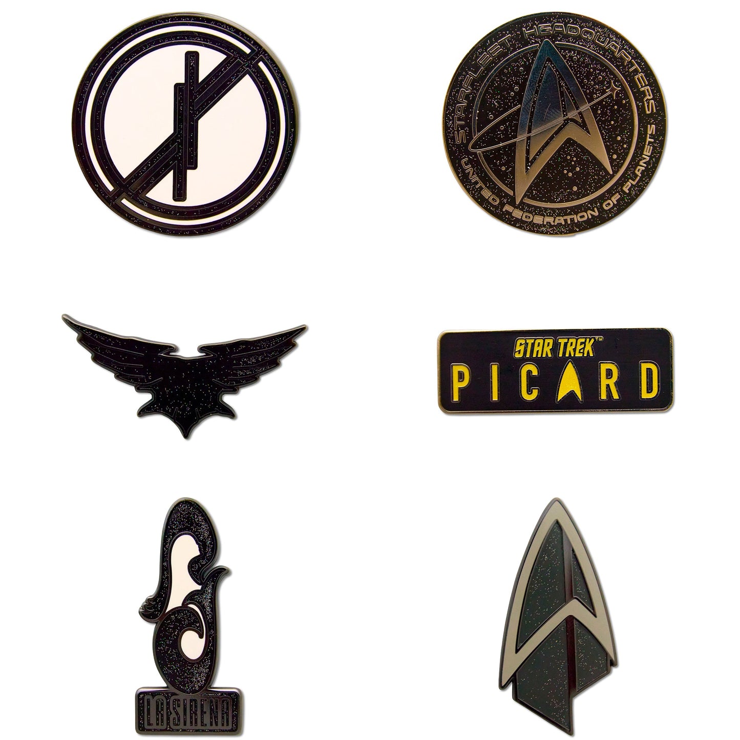 Star Trek: Picard Mystery Enamel Pin Blind Box packaging showing possible designs.