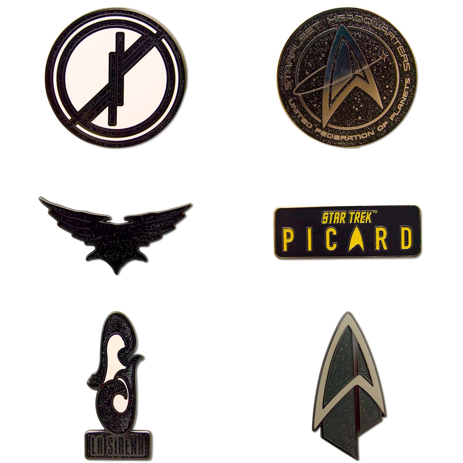 Star Trek: Picard Mystery Enamel Pin Blind Box packaging showing possible designs.