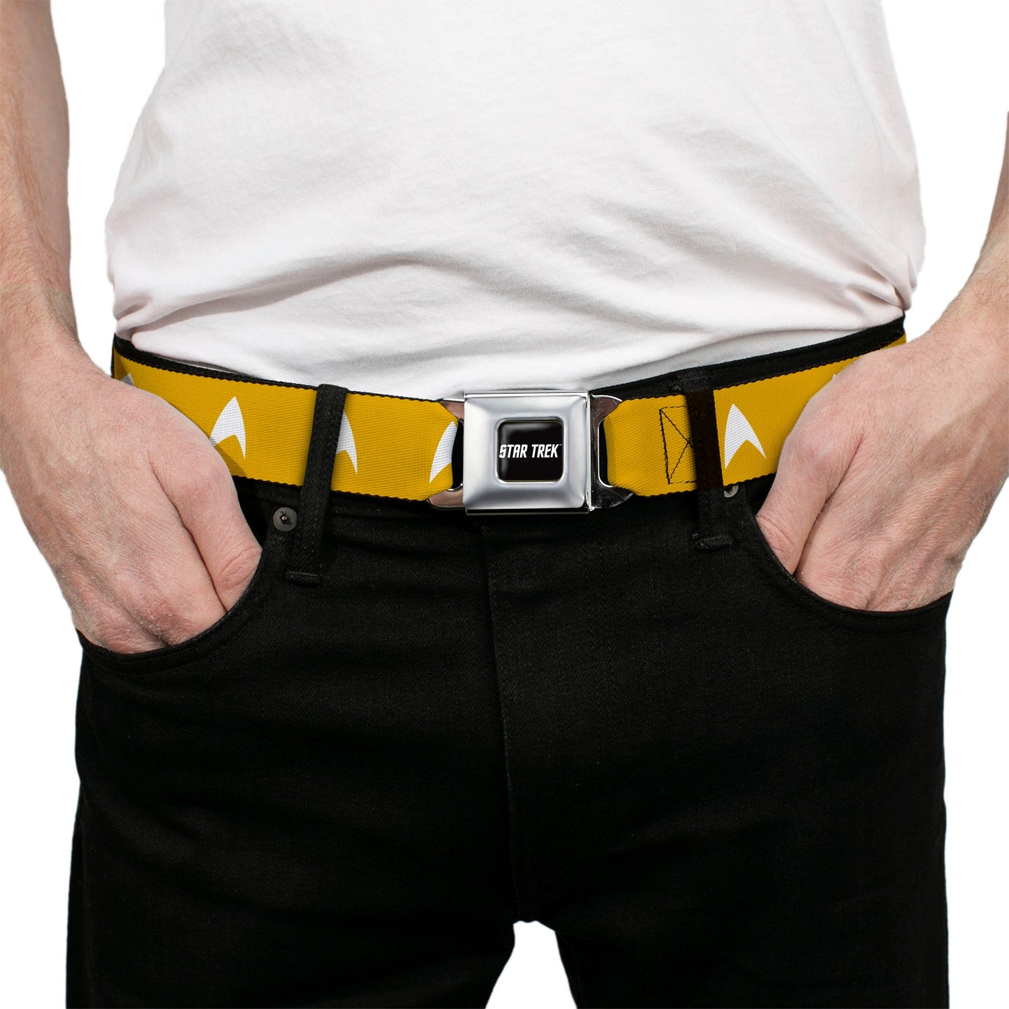 Full view of the adjustable Star Trek nylon belt in command yellow.