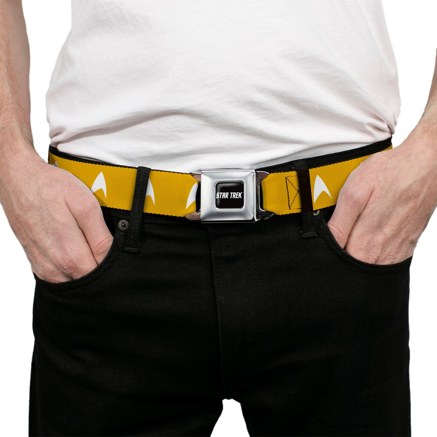 Full view of the adjustable Star Trek nylon belt in command yellow.