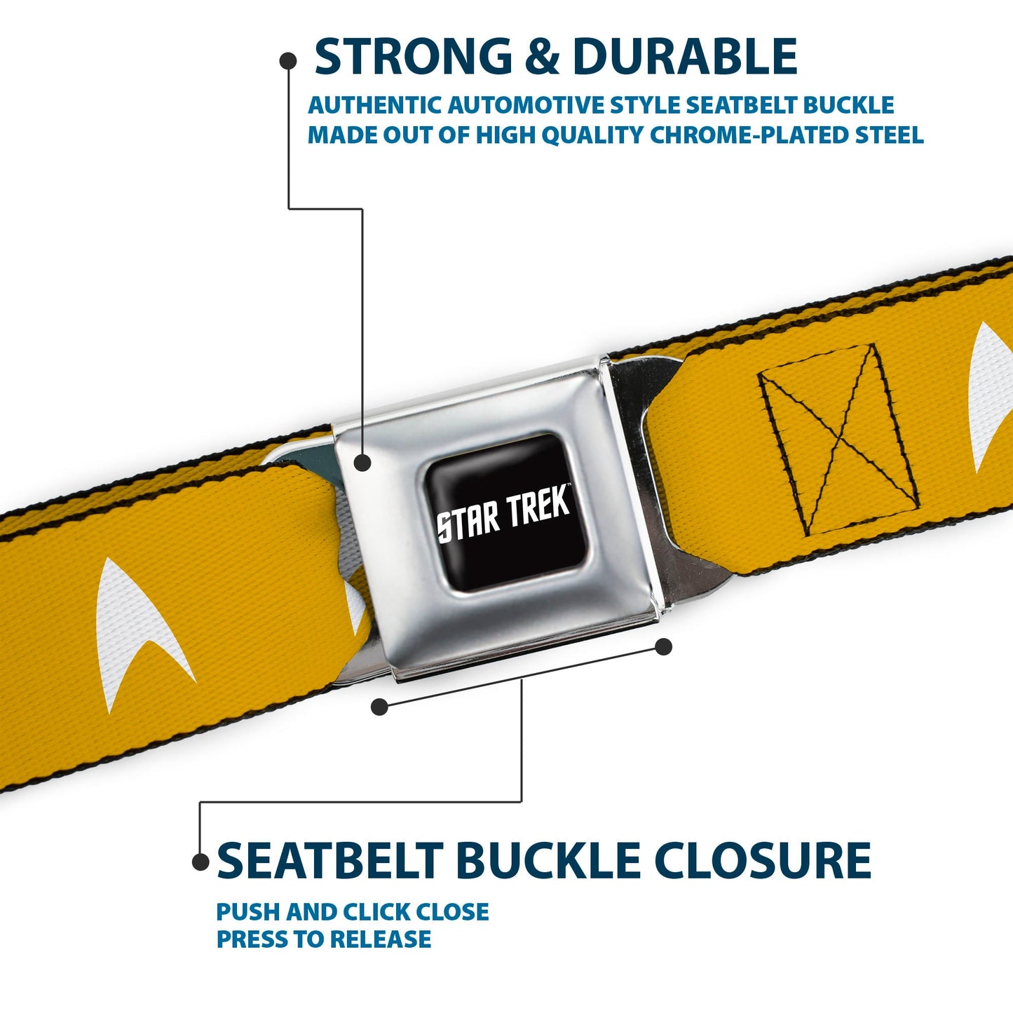The Starfleet Delta insignia pattern repeating on yellow webbing.