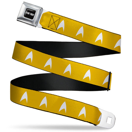 Star Trek Text Logo Seatbelt Belt with Starfleet Insignia on golden yellow webbing.
