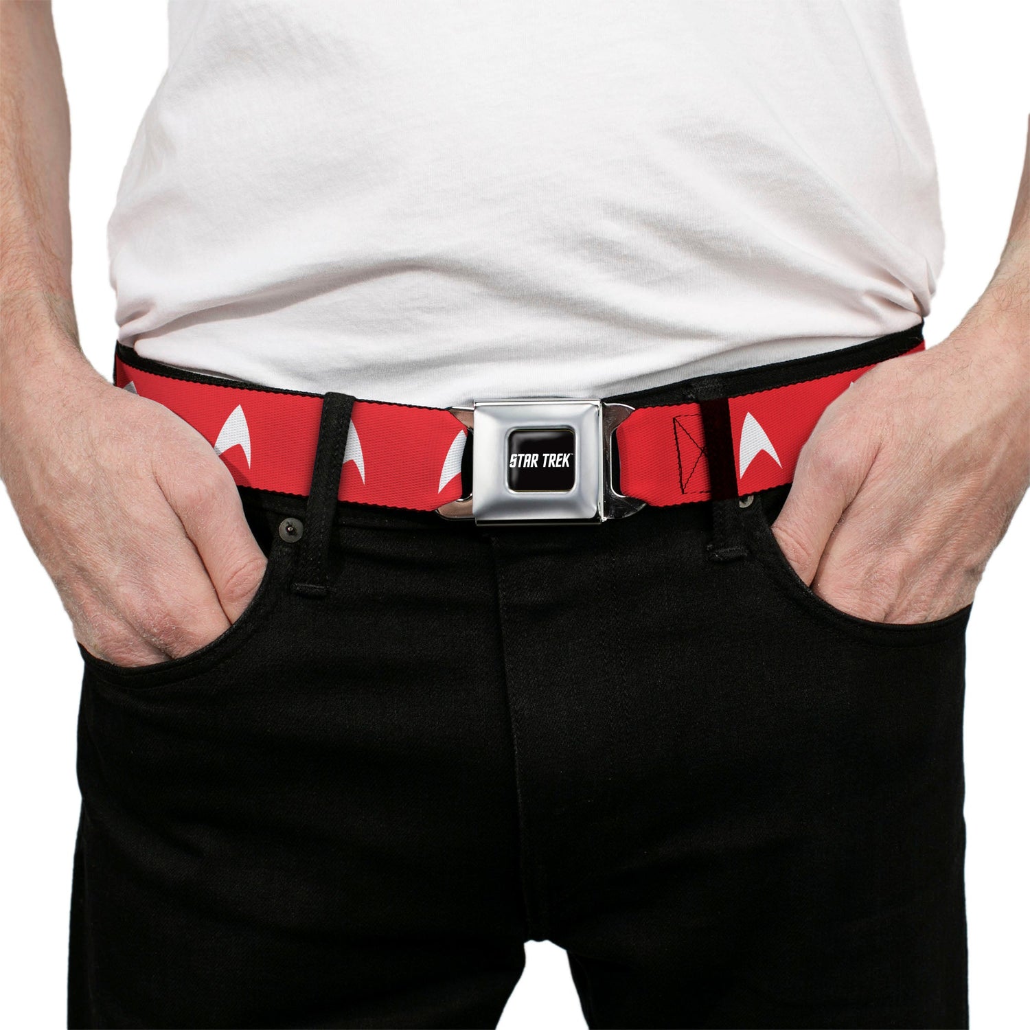 Red and white Starfleet webbing detail on black seatbelt belt