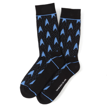 Close up of the Starfleet Science Division pattern on black crew socks