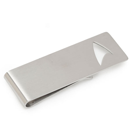 Star Trek Cutout Delta Shield Money Clip front view showing brushed metal