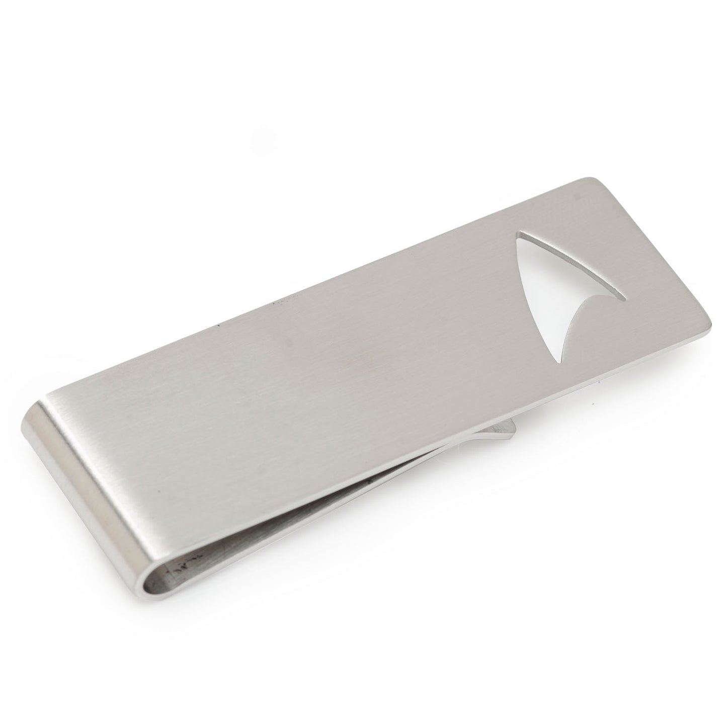 Star Trek Cutout Delta Shield Money Clip front view showing brushed metal