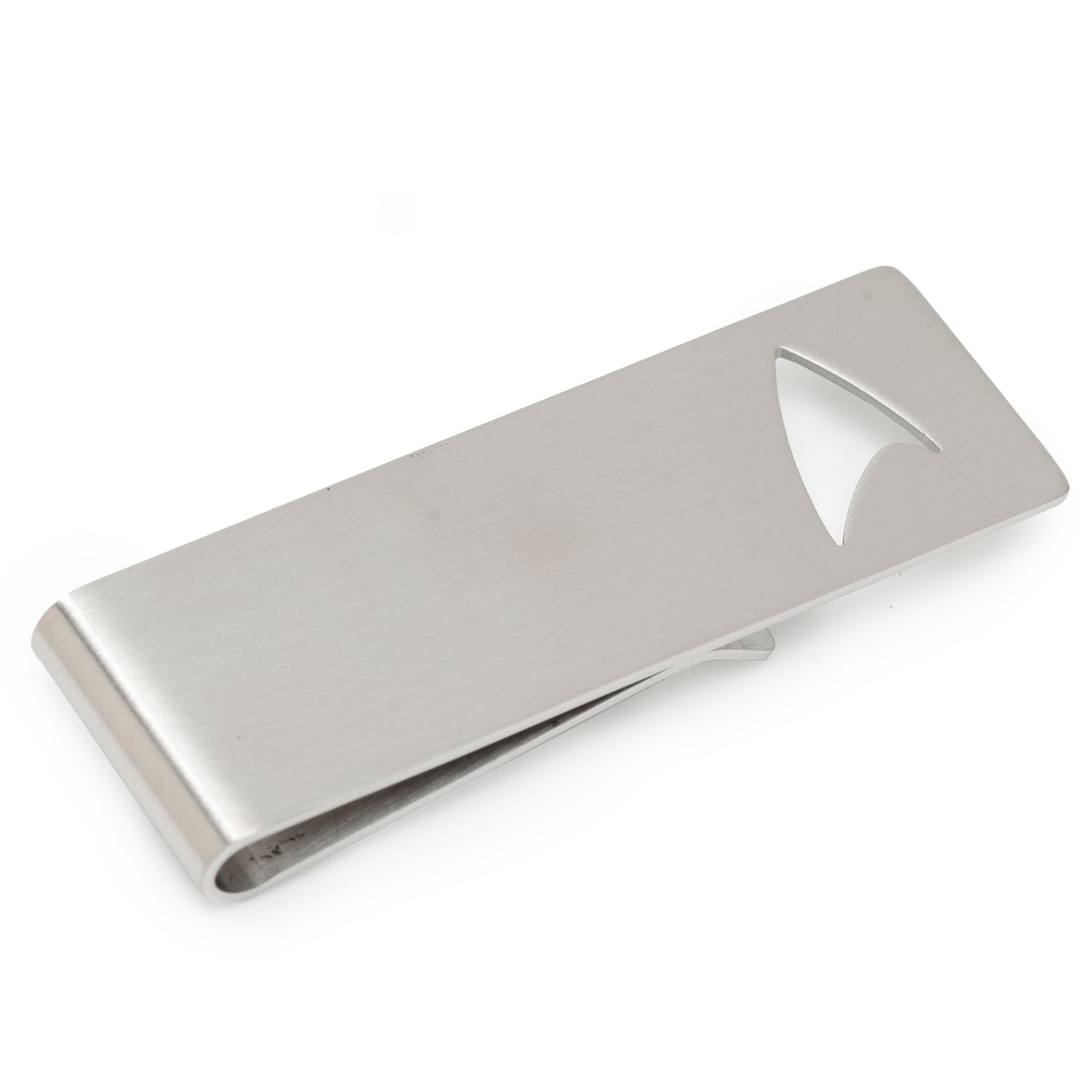 Star Trek Cutout Delta Shield Money Clip front view showing brushed metal