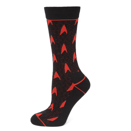 Close-up of Star Trek Red Delta Shield repeating pattern on black socks