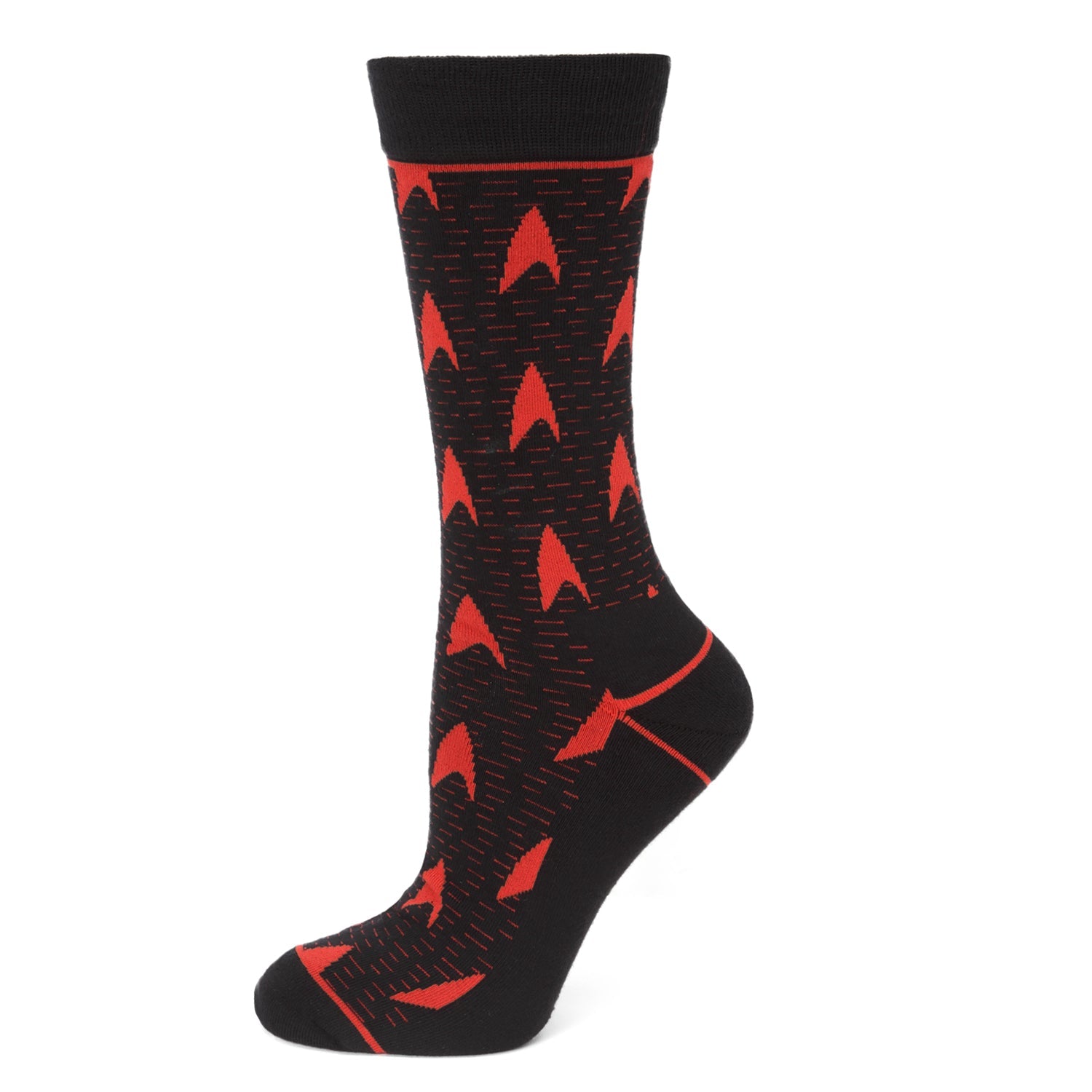 Close-up of Star Trek Red Delta Shield repeating pattern on black socks