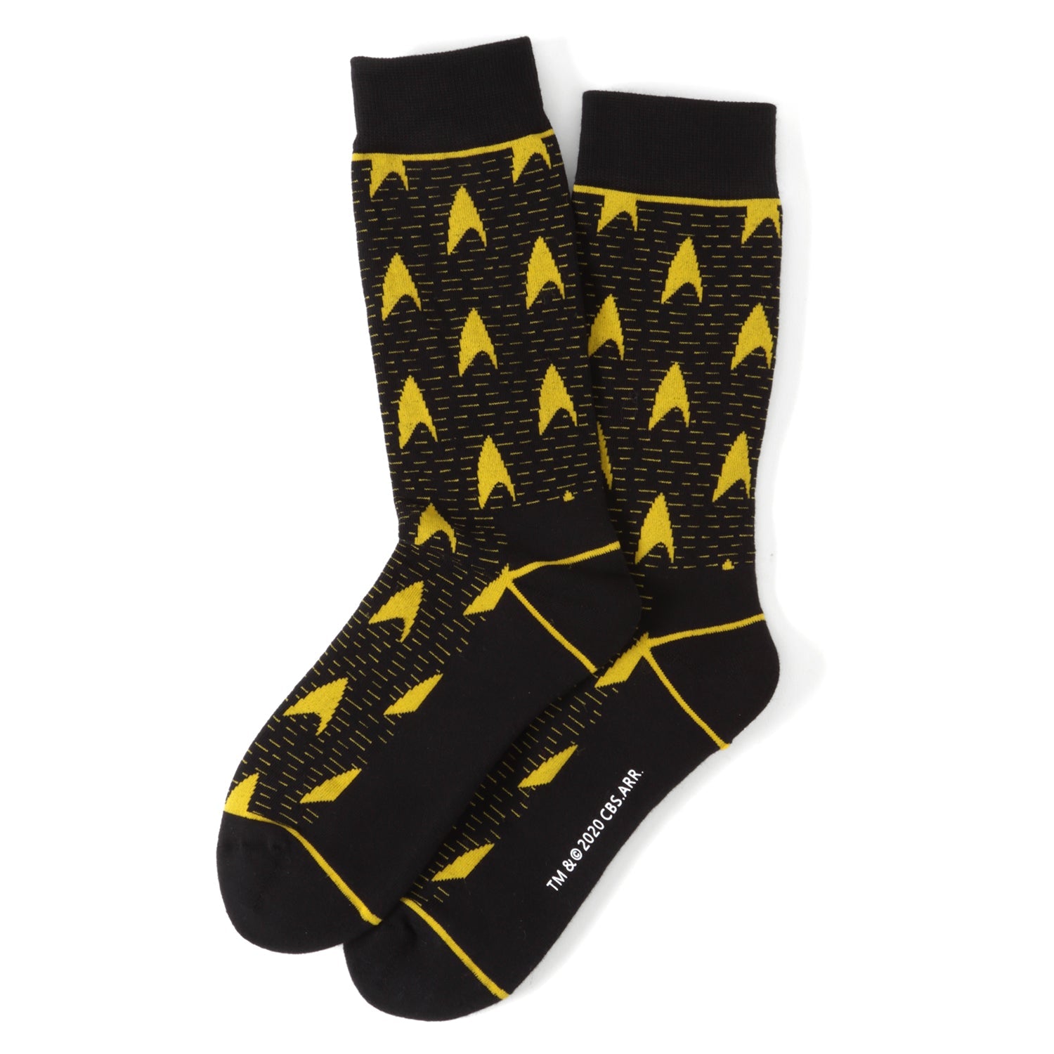 Close up of Star Trek Starfleet Command insignia on black knit socks