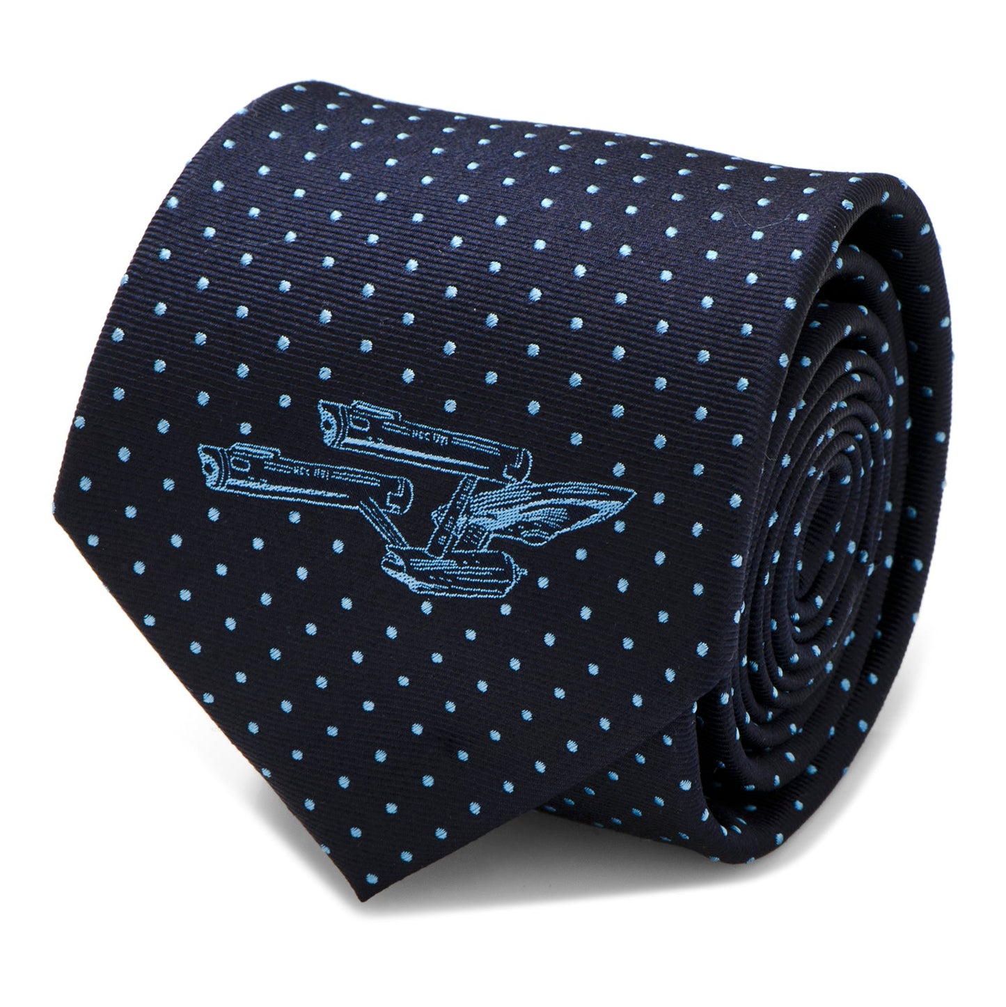 Front view of the navy Star Trek Enterprise Dot silk necktie showcasing the azure dot pattern.