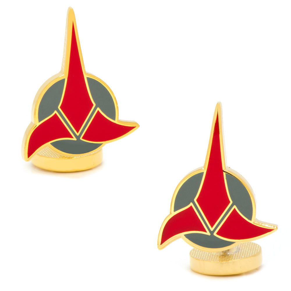 Silver and black Klingon Empire insignia cufflinks on a white background.