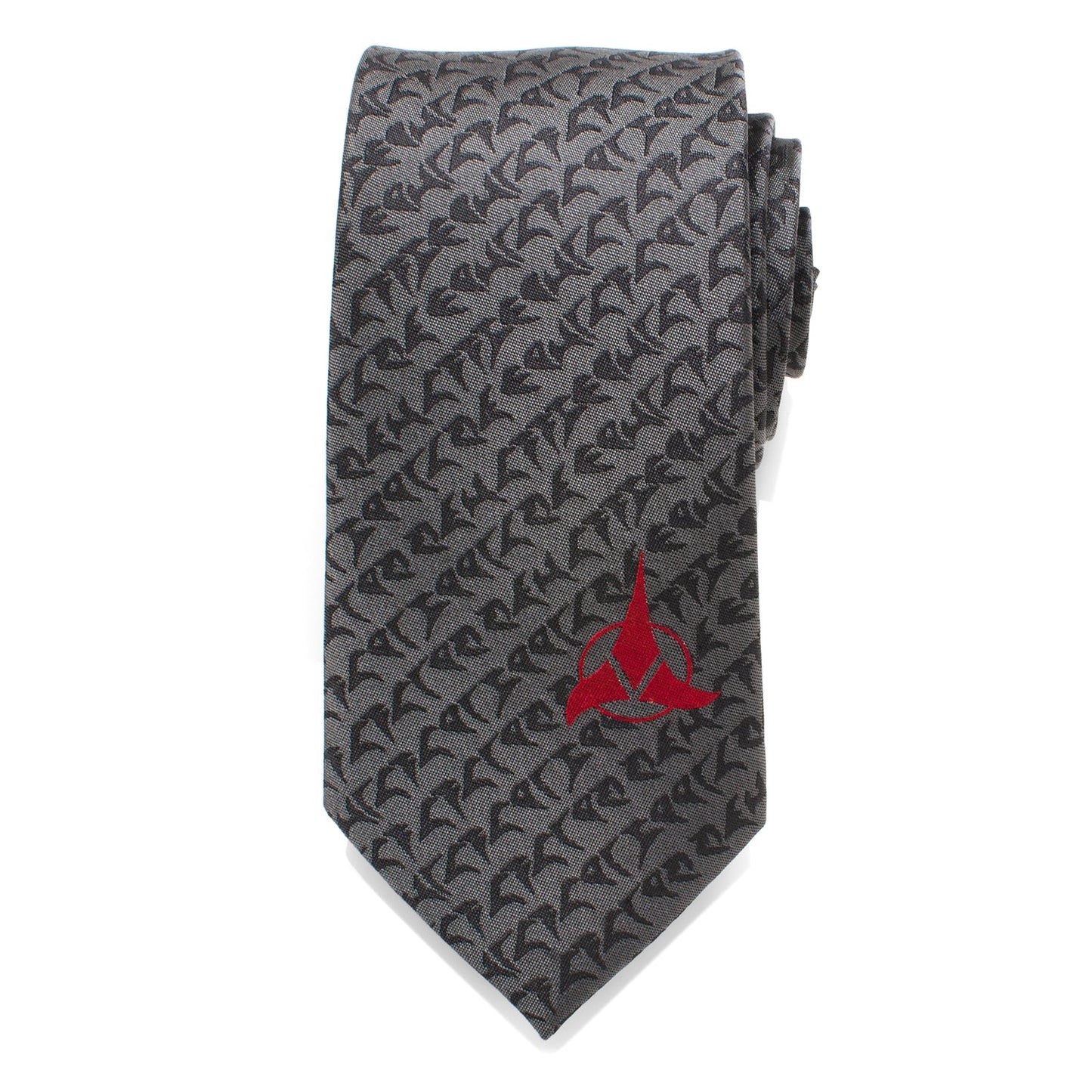 Detail shot of the crimson red Klingon Empire Pin at the peak of the tie