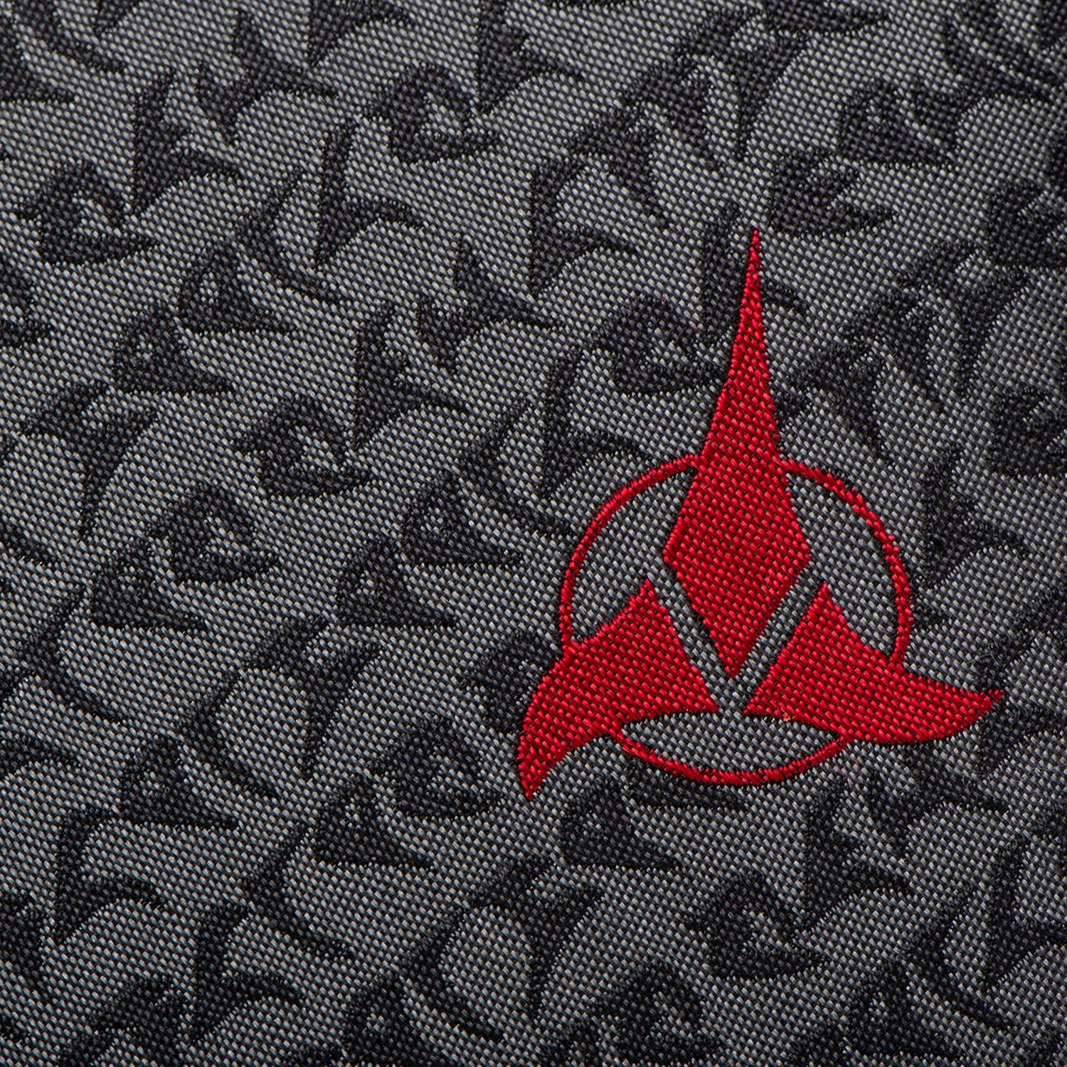 Full length view of the slim gray silk Klingon tie