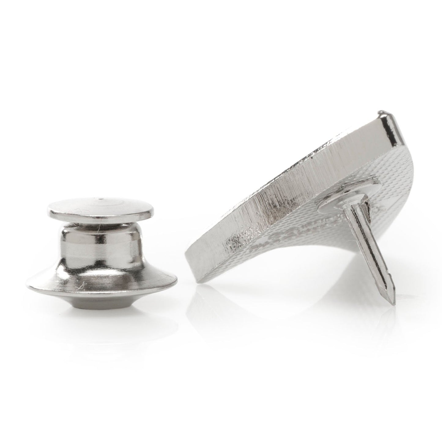 Back view of the silver lapel pin showing the secure clutch attachment.
