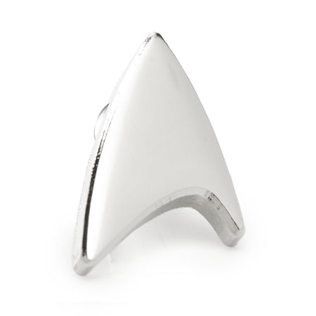 Close-up of the polished silver Star Trek Delta Shield lapel pin.