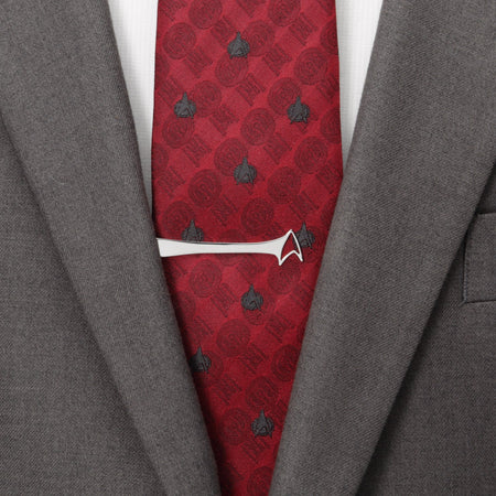 Front view of the curved Star Trek Delta Shield tie bar in sterling silver.