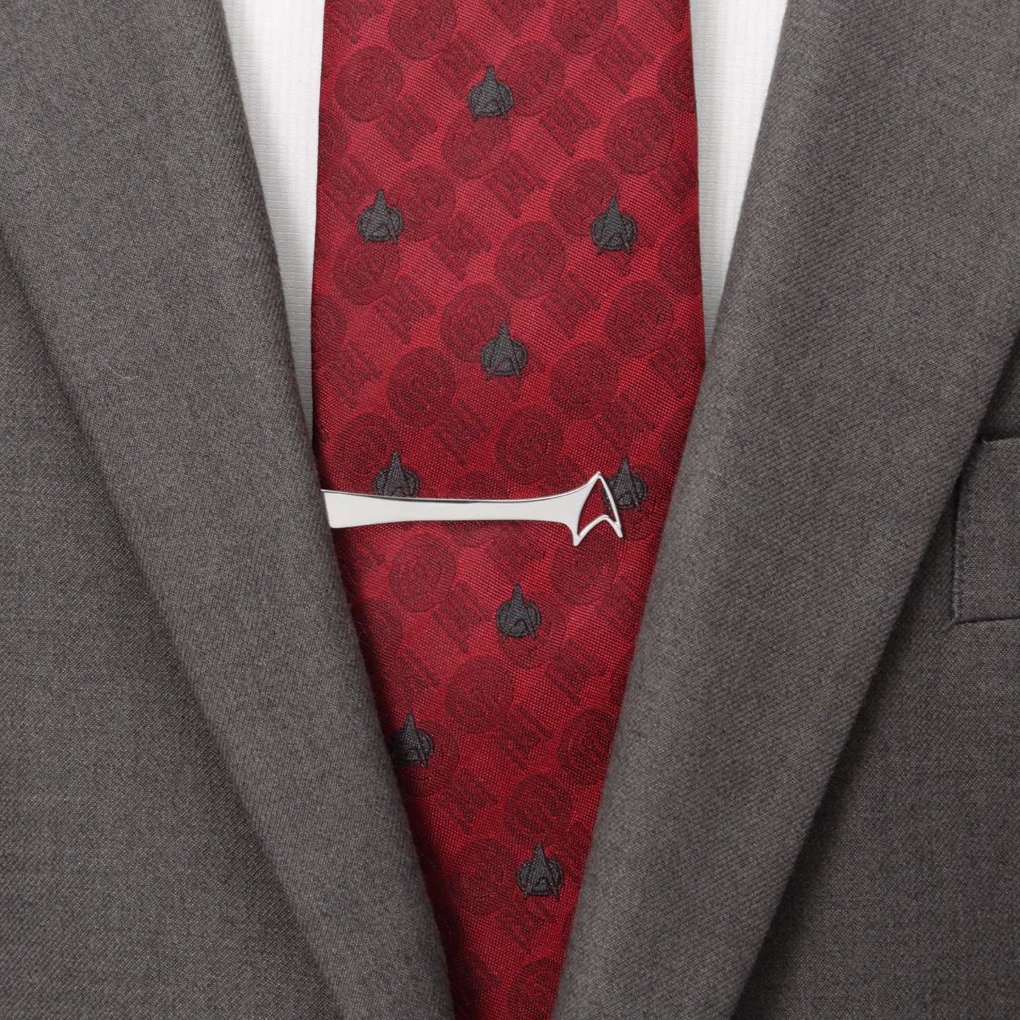 Front view of the curved Star Trek Delta Shield tie bar in sterling silver.