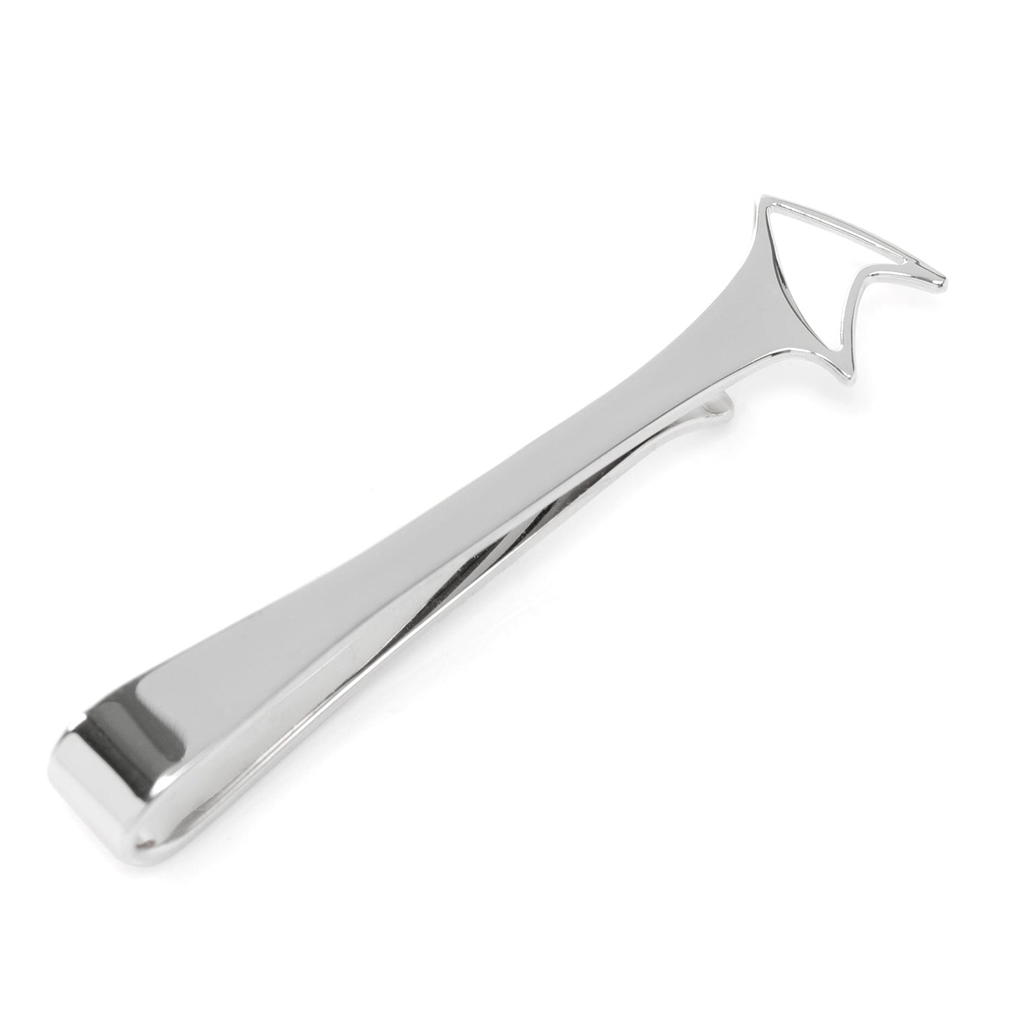 Close-up of the Star Trek sterling silver tie bar showing the polished finish and Delta Shield cutout.