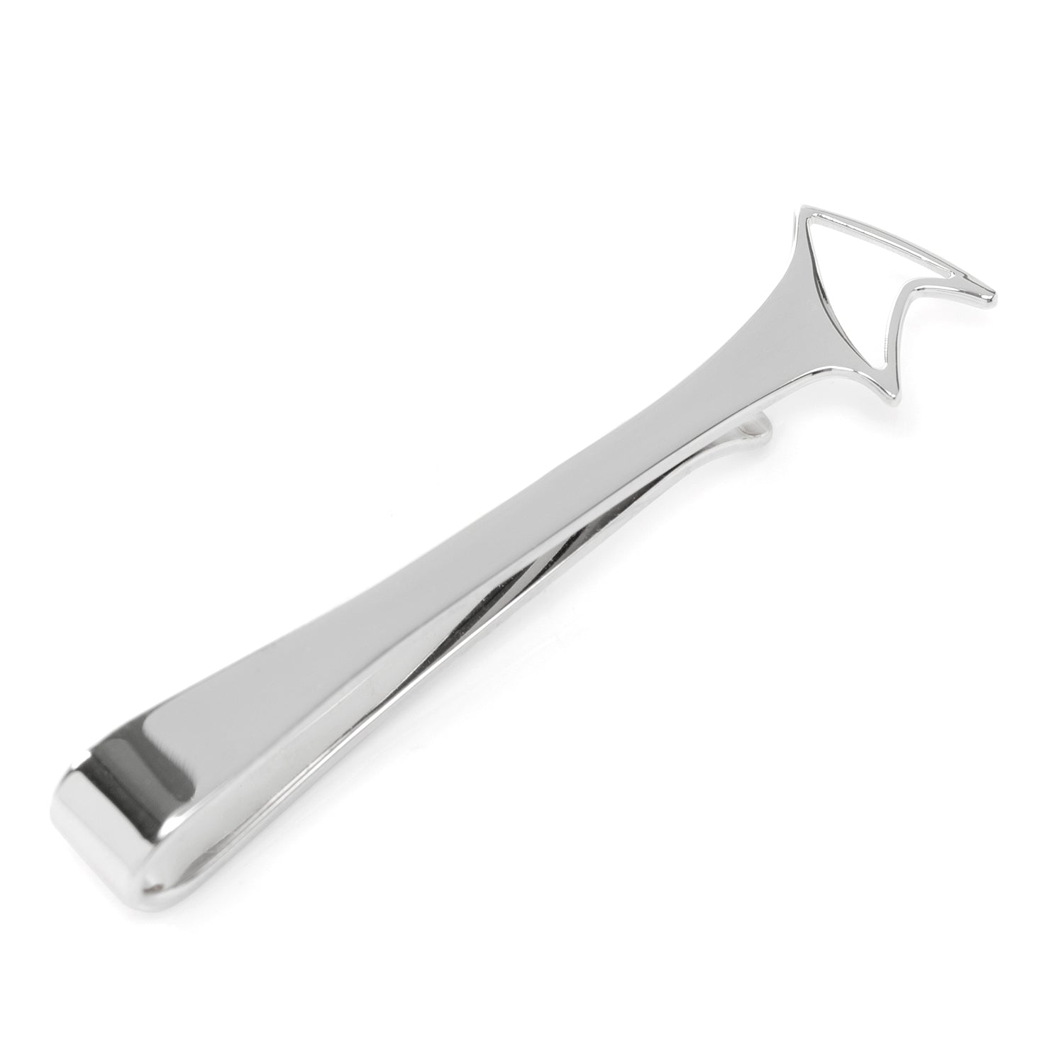 Close-up of the Star Trek sterling silver tie bar showing the polished finish and Delta Shield cutout.