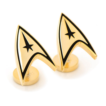 Side view of the Delta Shield cufflink showing the fixed round backing with stamped logo