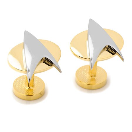 Close-up of the Starfleet insignia design on the plated metal cufflinks.