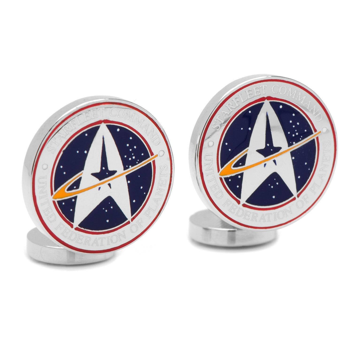 Close up of the hard enamel Starfleet Command logo on professional cufflinks