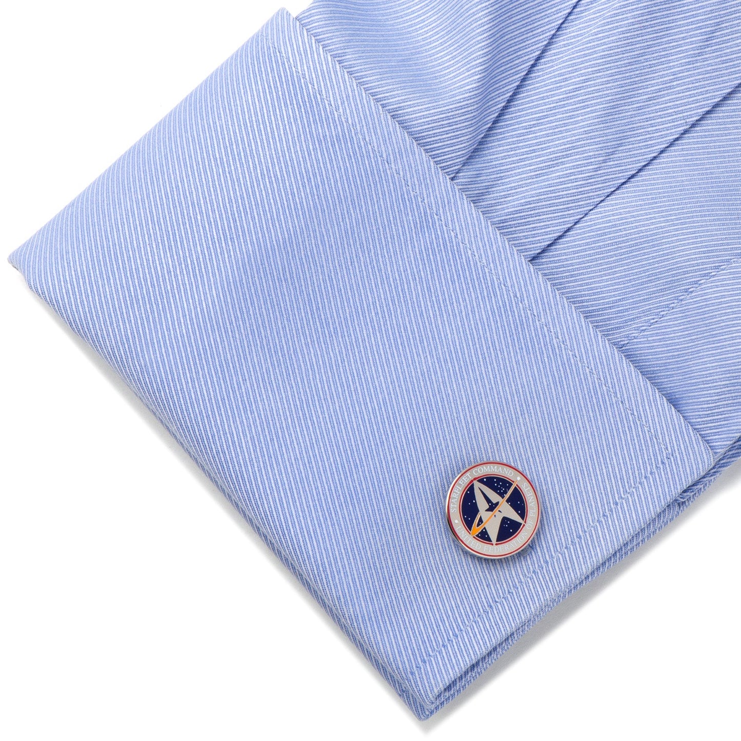 Pair of official Star Trek Starfleet Command cufflinks against a white background