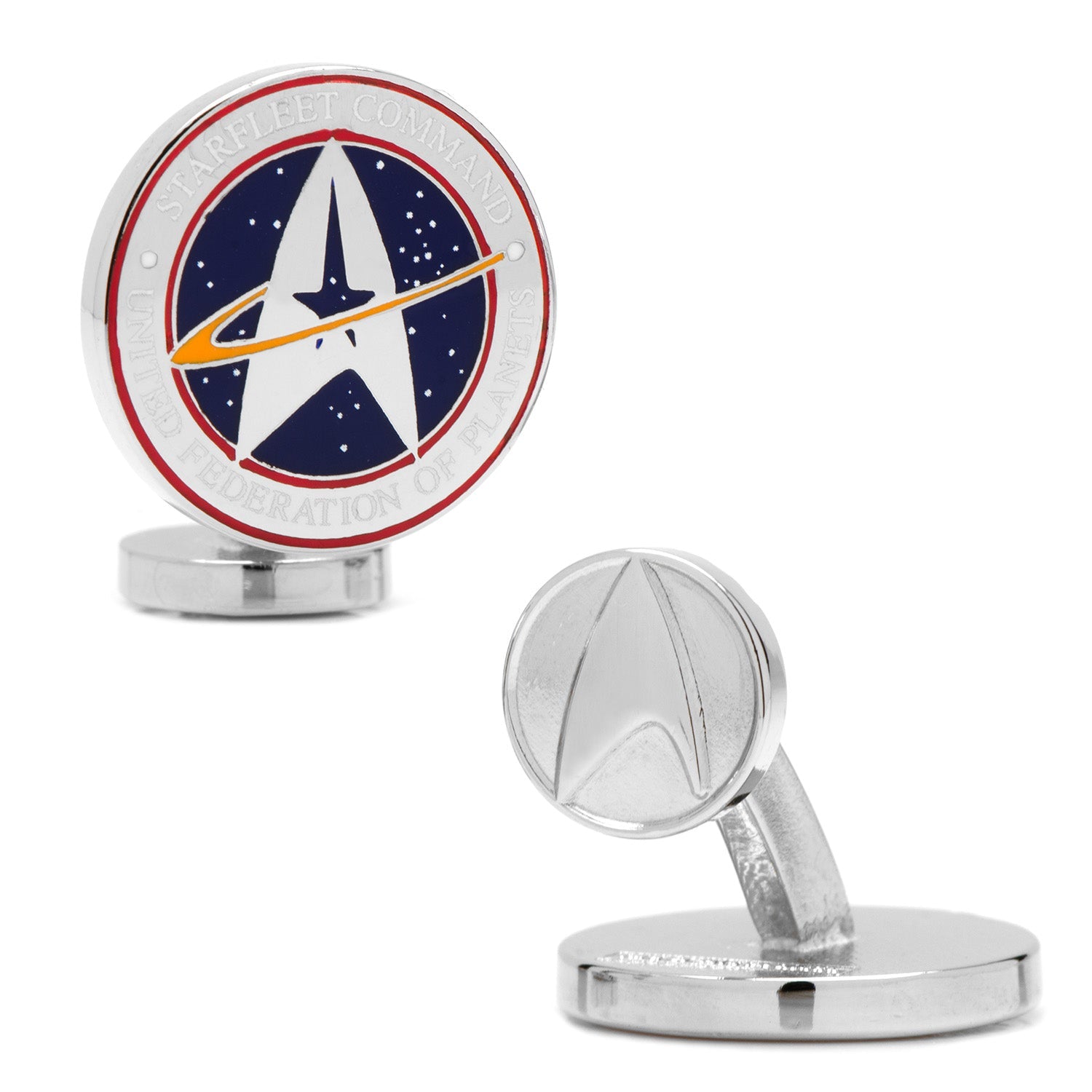 Star Trek Starfleet Command Cufflinks front view showing rhodium-plated silver finish