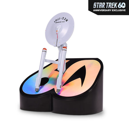 Close-up of the Star Trek commemorative popcorn bucket highlighting the saucer section and official branding.