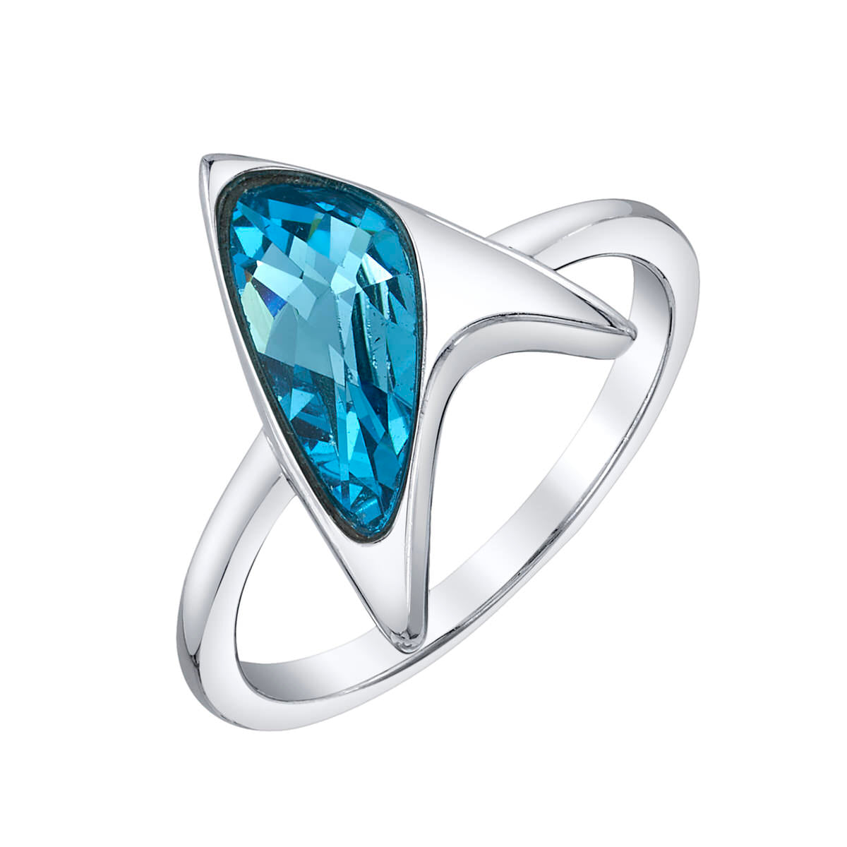 Sterling silver Star Trek delta ring with blue crystal on model finger