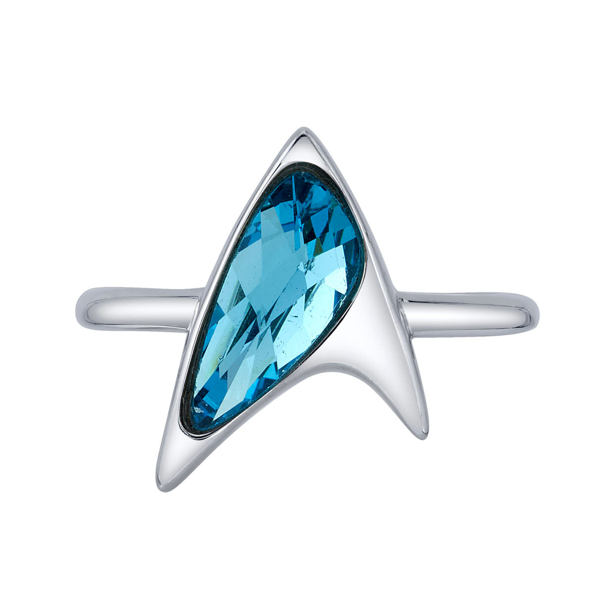 Star Trek x RockLove Blue Crystal Delta Ring top view showing blue sapphire CZ gem