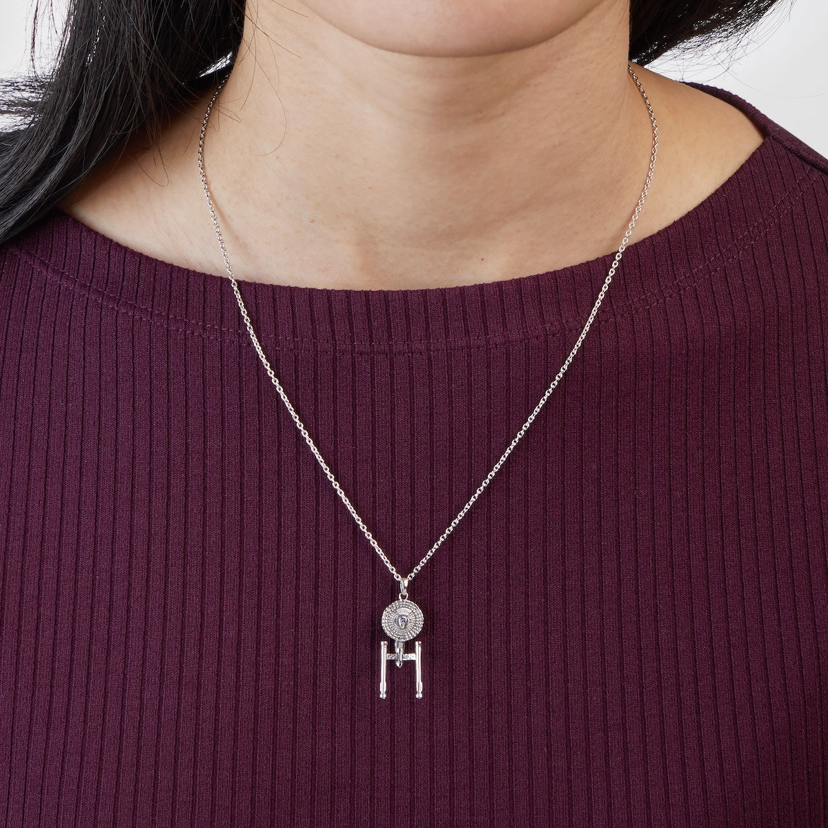 Sterling silver Star Trek starship necklace detail view