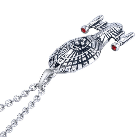 Close up of USS Voyager pendant with red and blue crystals