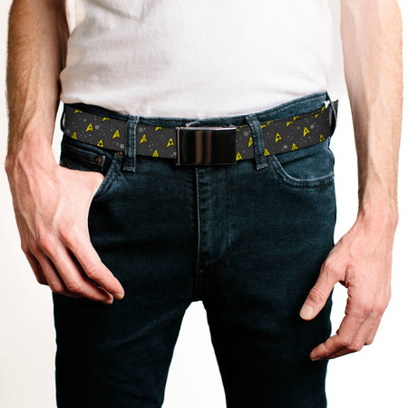Close up of the matte black metal buckle on the Star Trek Starfleet web belt.