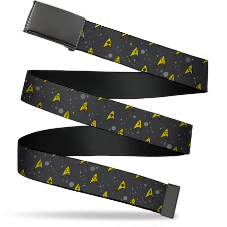 Star Trek Starfleet insignia repeating pattern on space gray and yellow web belt with black buckle.