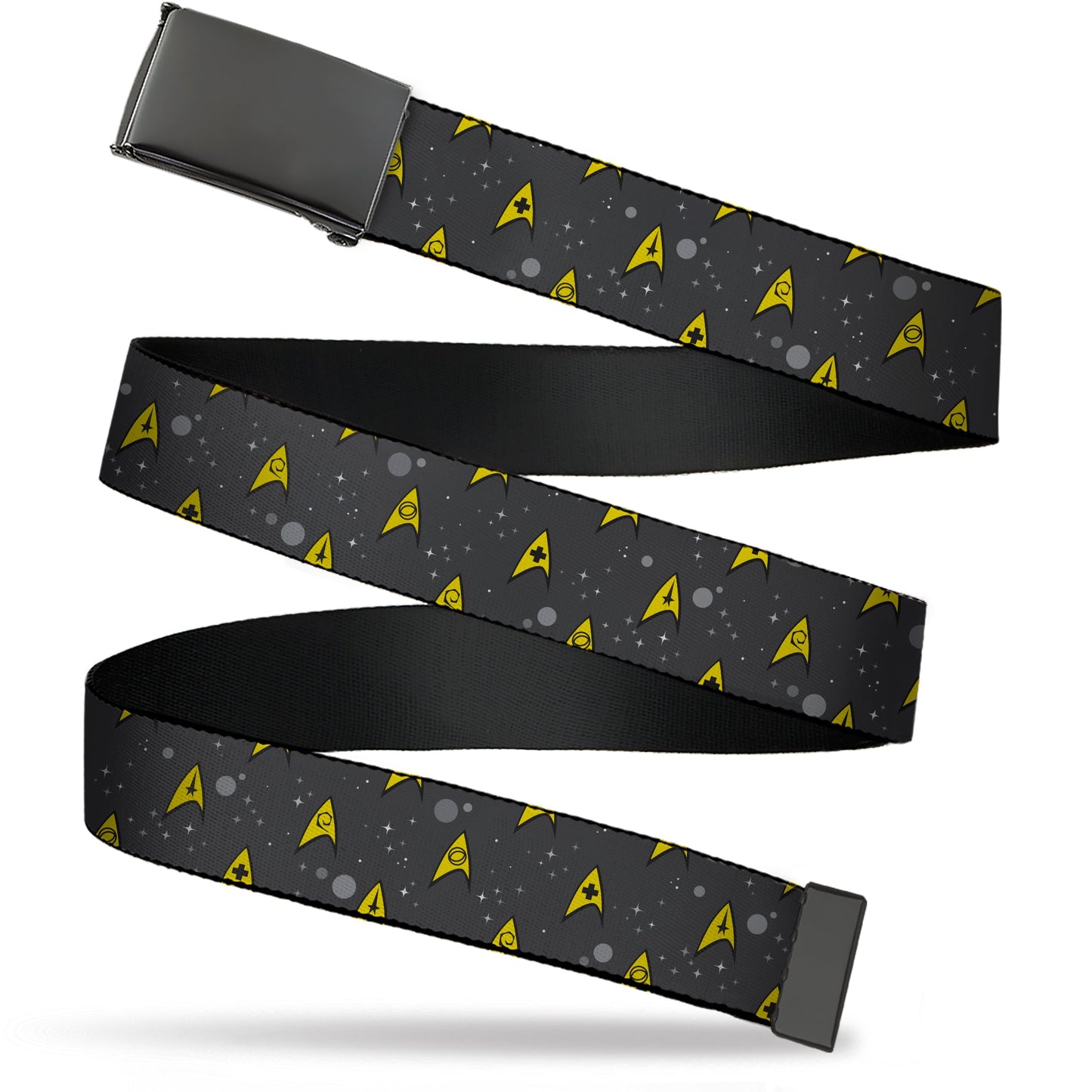 Star Trek Starfleet insignia repeating pattern on space gray and yellow web belt with black buckle.