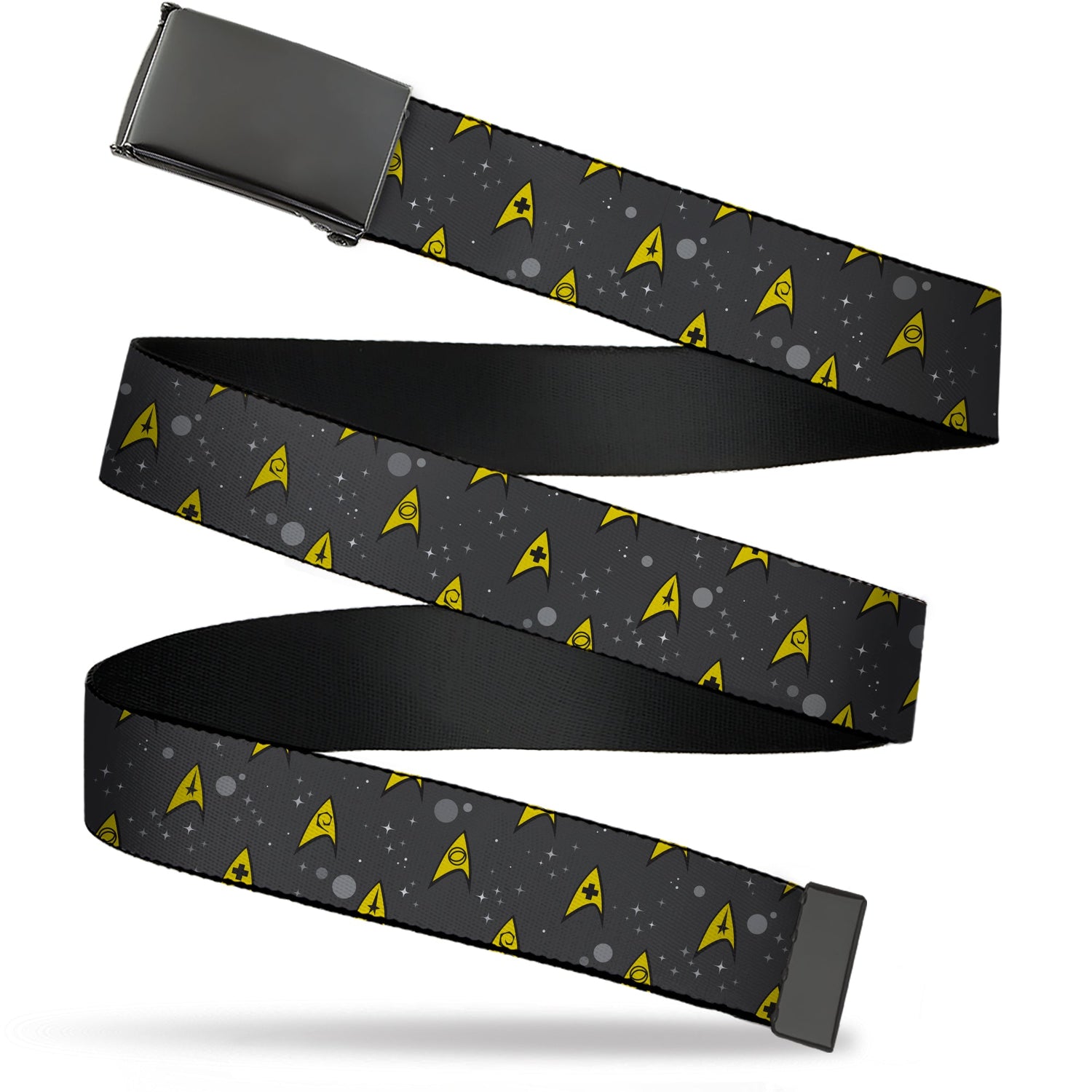 Star Trek Starfleet insignia repeating pattern on space gray and yellow web belt with black buckle.