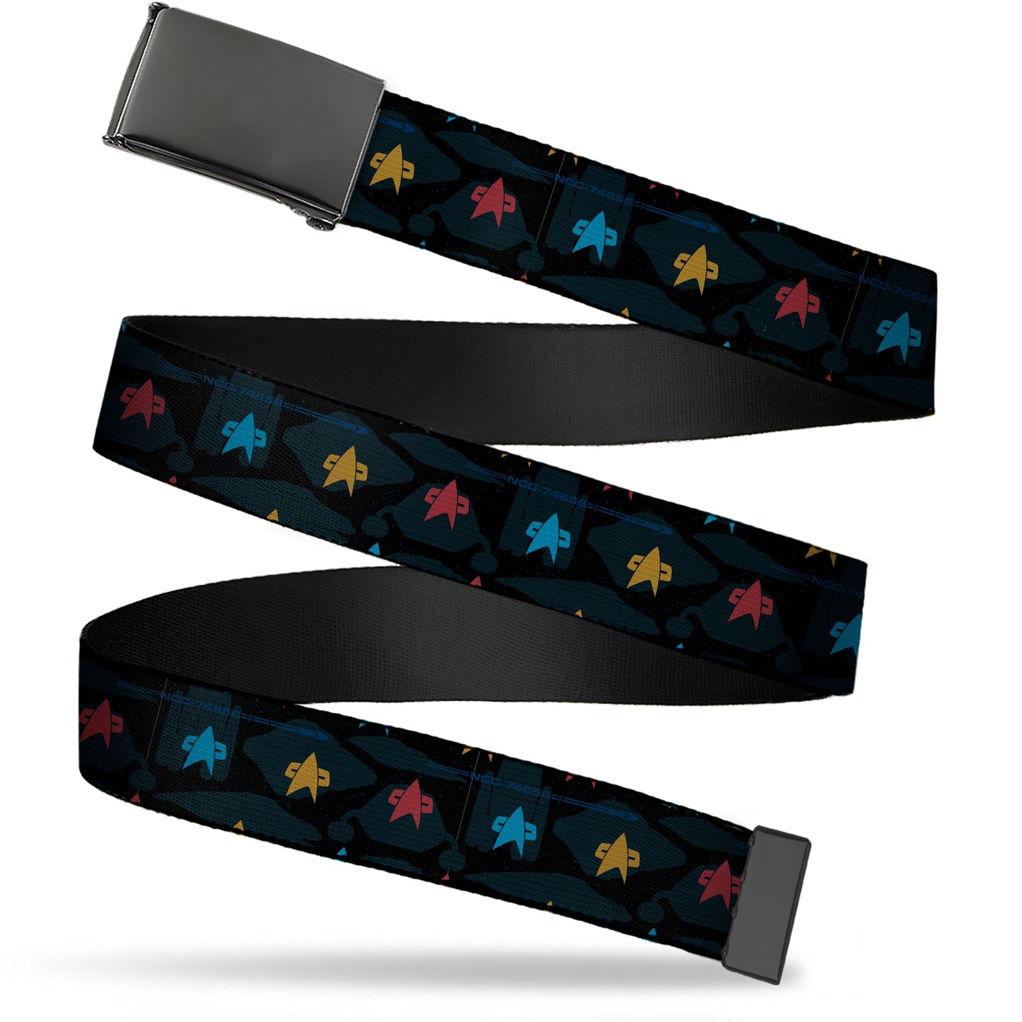 Star Trek Starfleet insignia and ship silhouette blue web belt with black buckle